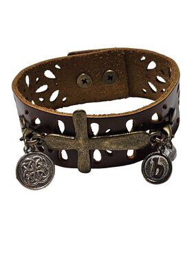 Vintage Brown Leather Cuff Bracelet Cross Celtic Knot Charm Rustic Boho Western